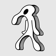 monster character illustration, big nose. strange body. black and white.