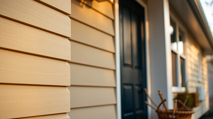 Obraz premium Warm-toned House Exterior with Wood Siding and Subtle Texture. Captivating Architectural Design and Natural Light. Ideal for Real Estate and Home Improvement