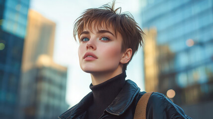 Fototapeta premium A woman with short hair and a black coat stands in front of a building. She has a blue eye shadow and a smile on her face.