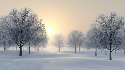 Serene winter landscape with snow-covered trees at sunrise.