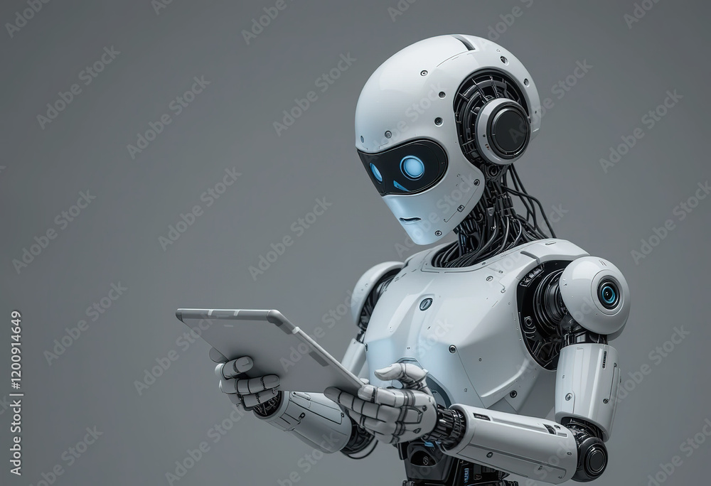 Poster human robot using tab isolated png, transparent background