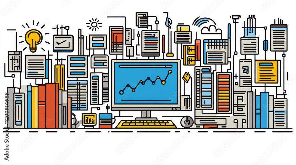 Poster a vibrant illustration depicting a complex data ecosystem surrounding a central computer monitor