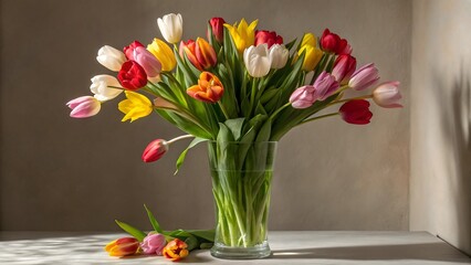 Fototapeta premium Spring bouquet of tulips in a vase on a table against a gray wall.