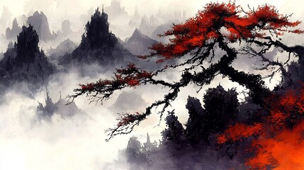 Majestic Mountain Landscape with Vibrant Autumn Bonsai Tree in Watercolor Style