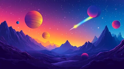 Cosmic Landscape with Vibrant Planets and Glowing Comets   Minimalist Sci Fi Digital Art