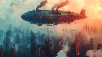 Steampunk Airship Soaring over Futuristic Industrial Cityscape