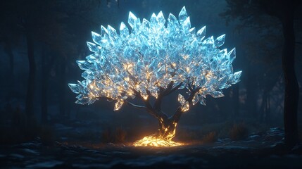 Glowing Crystal Tree in Mystical Dark Forest Landscape