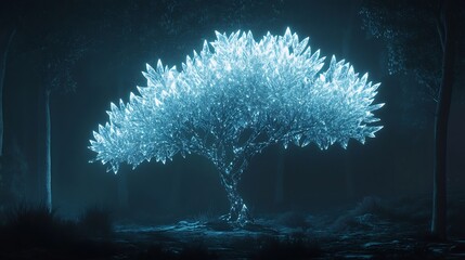 Glowing Crystal like Leaves of a Magical Tree in a Dark Forest