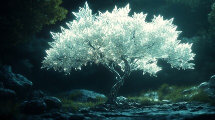 Glowing Crystal Like Tree in Dark Enchanted Forest Landscape