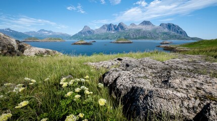 Scenic view of mountains and islands by a tranquil lake.