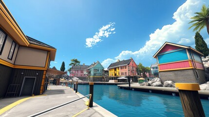 Colorful waterfront houses beside a calm marina under a blue sky.