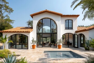 Modern spanish hacienda style home featuring large arched windows and pool