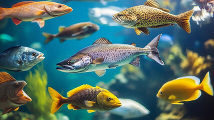 Fototapeta premium Fishing sport posters and banners templates of sea fishes. Vector set of ocean marlin, salmon or trout and mackerel, bream or navaga and flounder or tuna for fisherman trip or fisher big catch