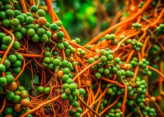 Abstract Botanical Network: Green Vines & Orange Nodes - Nature Inspired Design