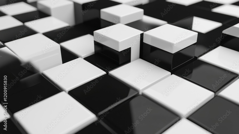 Poster abstract black and white cube pattern: a 3d render of interlocking cubes creating a unique geometric