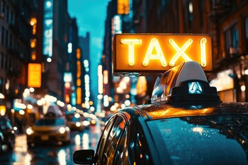 Yellow taxi cab sign illuminating rainy new york city street at night