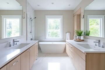 A minimalist bathroom with a focus on clean lines, neutral colors, and functional fixtures. Opt for a monochromatic palette, seamless cabinetry