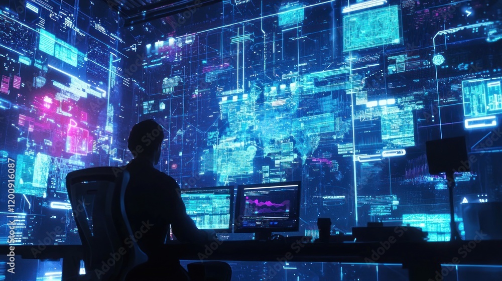 Poster cybersecurity analyst monitoring global network