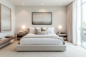 A minimalist bedroom with a focus on clean lines, neutral colors, and functional furniture.