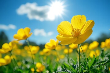 Fototapeta premium Yellow flowers blooming under the sunlight in a meadow
