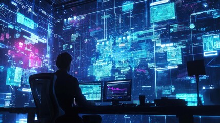 Fototapeta premium Cybersecurity Analyst Monitoring Global Network
