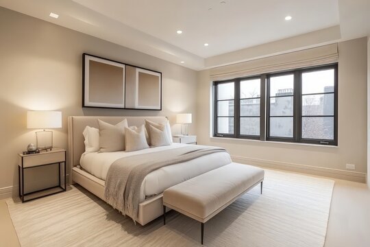 A minimalist bedroom with a focus on clean lines, neutral colors, and functional furniture. Opt for a monochromatic palette, seamless storage solutions