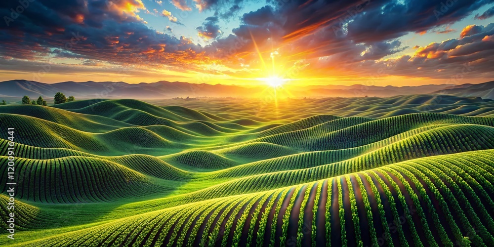Poster abstract digital landscape: binary sunset over coding mountains