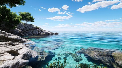 Fototapeta premium Serene coastal landscape with clear water and rocky shore.