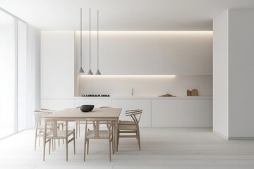 A minimalist dining room with a focus on clean lines, neutral colors, and functional furniture. 