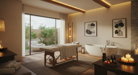 Fototapeta premium A visually appealing image showcasing a contemporary home spa retreat, with a glimpse into a luxurious and relaxing space