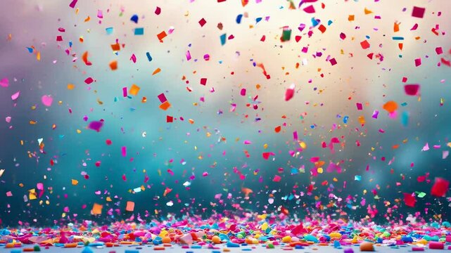 Colorful confetti celebration filling the air and landing on the ground amidst a blurred background