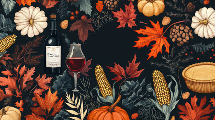 Thanksgiving day greeting posters of turkey and wine, fruit pie, pumpkin or corn, maple leaf or oak acorn on pilgrim hat. Vector Thanksgiving cornucopia harvest for traditional thankful holiday.