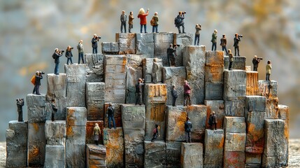 Miniature photographers on stone blocks, river background, media event