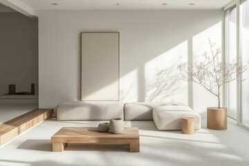 A minimalist living room with a focus on clean lines, neutral colors, and functional furniture. Opt for a monochromatic palette, seamless storage solutions,