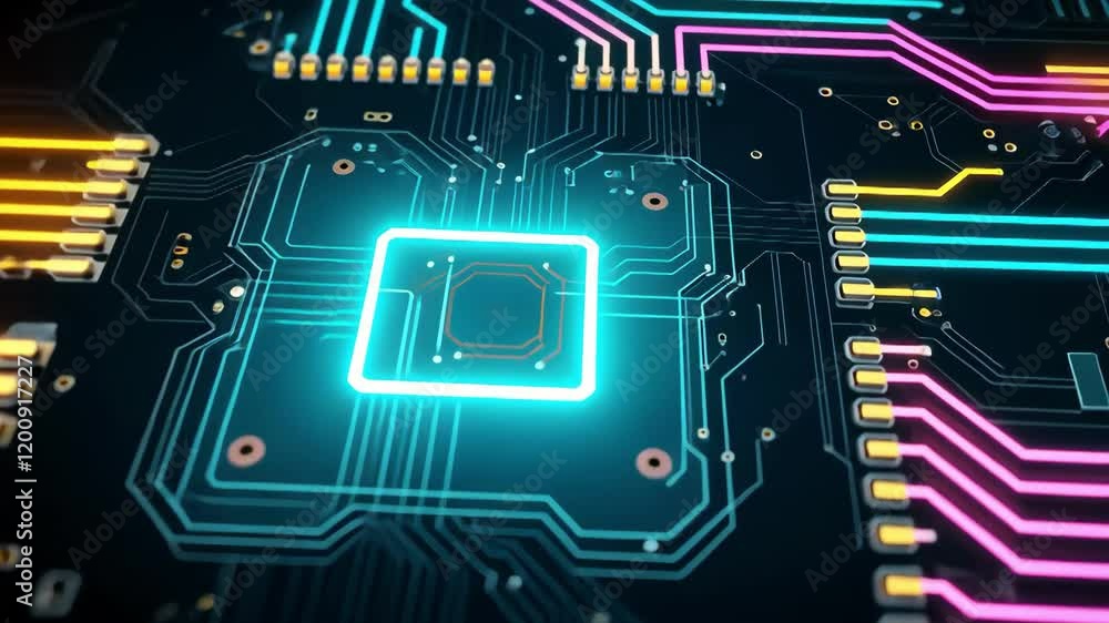 Poster futuristic circuit board features vibrant neon patterns and intricate connections showcasing advance