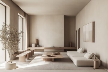A minimalist living room with a focus on clean lines, neutral colors, and functional furniture. Opt for a monochromatic palette, seamless storage solutions