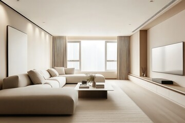 A minimalist living room with a focus on clean lines, neutral colors, and functional furniture. Opt for a monochromatic palette, seamless storage solutions