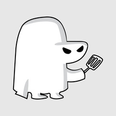 Funny ghost chef character holding a spatula in a simple black-and-white cartoon style. A quirky and playful vector illustration perfect for stickers, logos, mascots, and creative design projects