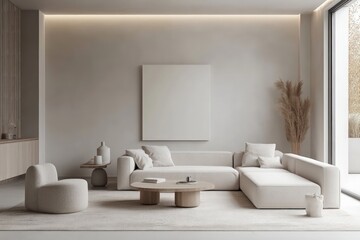 A minimalist living room with a focus on clean lines, neutral colors, and functional furniture. Opt for a monochromatic palette, seamless storage solutions