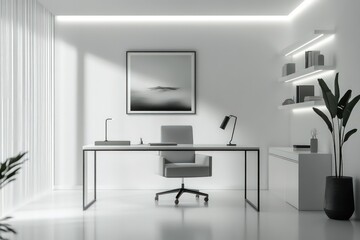 A minimalist office with a focus on clean lines, neutral colors, and functional furniture. Opt for a monochromatic palette, seamless storage solutions, and minimalistic decor accents. 