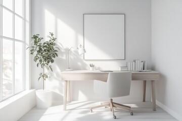 A minimalist office with a focus on clean lines, neutral colors, and functional furniture. Opt for a monochromatic palette, seamless storage solutions, and minimalistic decor accents.