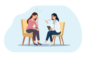 Illustration of a female doctor consulting a distressed woman, discussing mental health or stress management in a clinical setting.
 Perfect for healthcare, therapy, or emotional wellness themes.