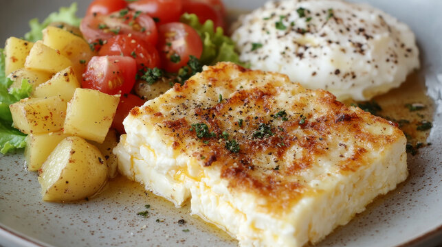 Mediterranean greek cuisine with tasty fried cheese saganaki, potatoes and fresh tomatoes, tripe soup, feta served on a bed of lettuce and tomatoes, scrambled eggs with bread and cup of coffee