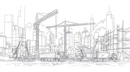 Obraz premium Construction Site Sketch: Urban Development and Modern Cityscape