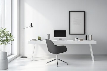 Fototapeta premium A minimalist office with a focus on clean lines, neutral colors, and functional furniture. Opt for a monochromatic palette, seamless storage solutions, and minimalistic decor accents. 