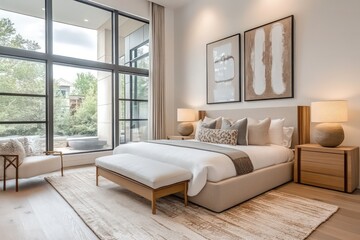 A modern bedroom with sleek furniture, neutral colors, and minimalist decor. Focus on clean lines, large windows for natural light