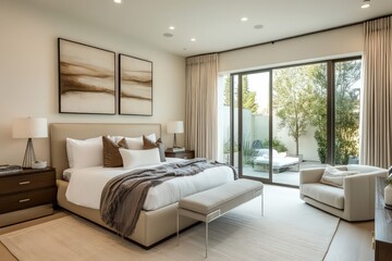 A modern bedroom with sleek furniture, neutral colors, and minimalist decor. Use clean lines, large windows, and integrated storage solutions. 