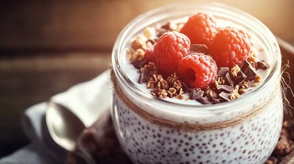 Layers of creamy chia pudding with raspberries and granola in a glass jar