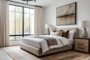 A modern bedroom with sleek furniture, neutral colors, and minimalist decor. Focus on clean lines, large windows for natural light,