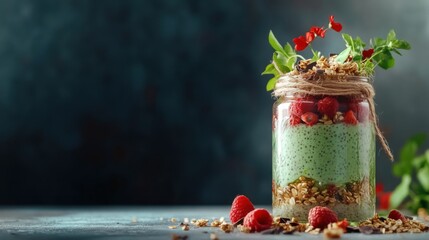 Rich layers of chia pudding, raspberries, and granola create a rustic dessert